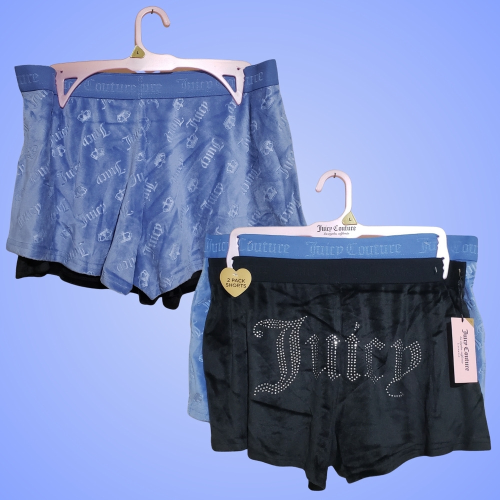 JUICY COUTURE Sleepwear Velour Lounge Shorts 2 Pairs Large Black/Blue NWT 👑